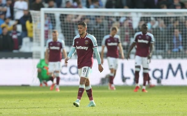 Dejection for West Ham United and Pablo Fornals during the Premier League match between West Ham United and Brentford at London Stadium on October 2,...