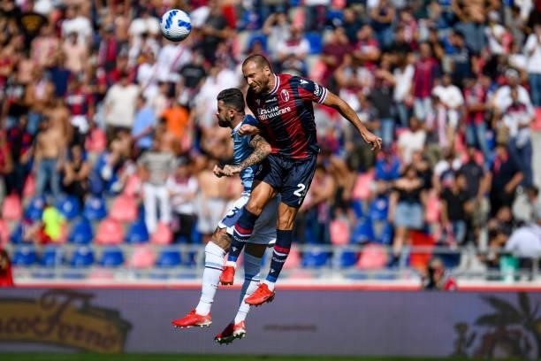 Header of Lorenzo De Silvestri hindered by Elseid Hysaj during the Italian football Serie A match Bologna FC vs SS Lazio on October 03, 2021 at the...