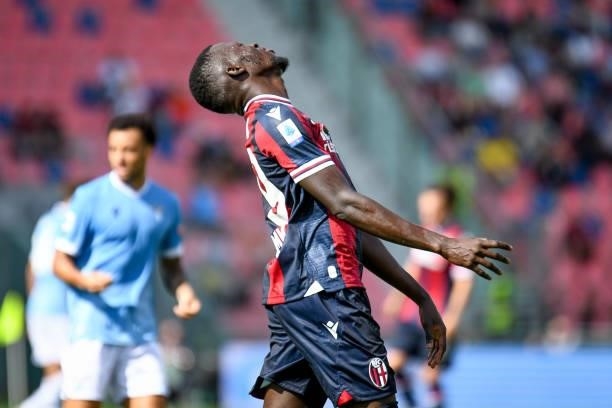 Disappointment of Musa Barrow after missing the goal during the Italian football Serie A match Bologna FC vs SS Lazio on October 03, 2021 at the...