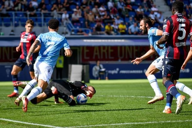 Lukasz Skorupski saves a goal from Vedat Muriqi during the Italian football Serie A match Bologna FC vs SS Lazio on October 03, 2021 at the Renato...