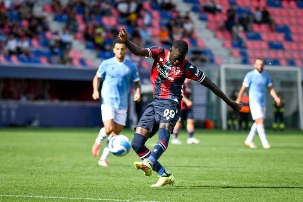 Musa Barrow tries to score a goal during the Italian football Serie A match Bologna FC vs SS Lazio on October 03, 2021 at the Renato Dall&#39;Ara...