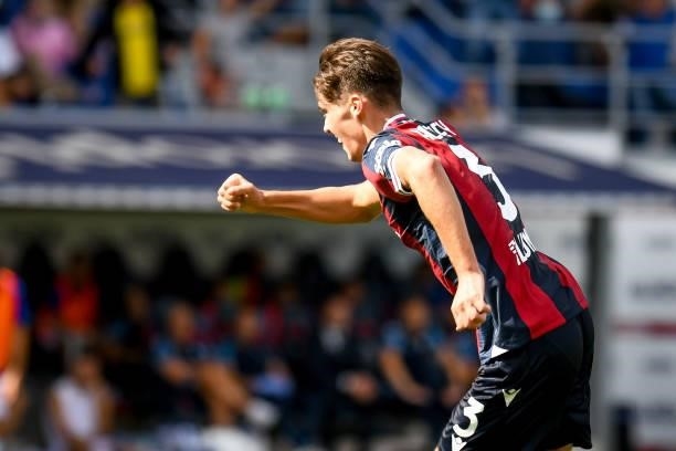 Aaron Hickey celebrates after scoring a goal 3-0 during the Italian football Serie A match Bologna FC vs SS Lazio on October 03, 2021 at the Renato...