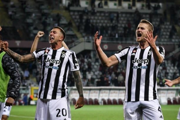 Juventus midfielder Federico Bernardeschi and Juventus defender Matthijs de Ligt celebrate victory in action after the Serie A football match n.7...