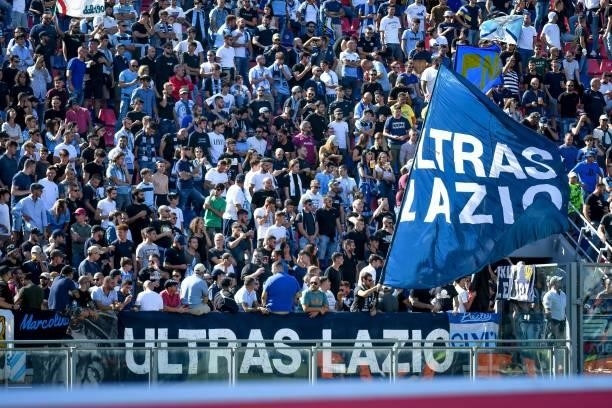 Fans of Lazio during the Italian football Serie A match Bologna FC vs SS Lazio on October 03, 2021 at the Renato Dall&#39;Ara stadium in Bologna,...