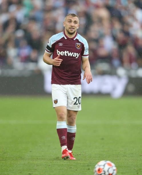 West Ham United's Jarrod Bowen during the Premier League match between West Ham United and Brentford at London Stadium on October 2, 2021 in London,...