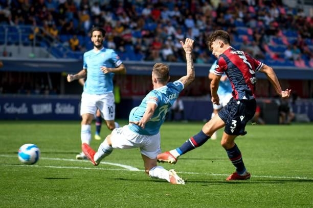 Aaron Hickey scores a goal 3-0 during the Italian football Serie A match Bologna FC vs SS Lazio on October 03, 2021 at the Renato Dall&#39;Ara...
