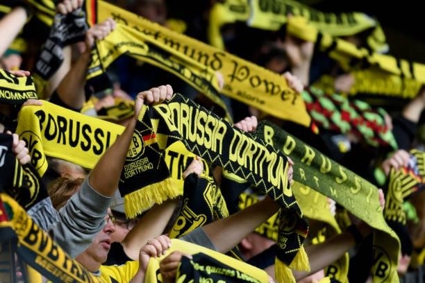 Supporters of Borussia Dortmund prior to the Bundesliga match between Borussia Dortmund and FC Augsburg at Signal Iduna Park on October 2, 2021 in...