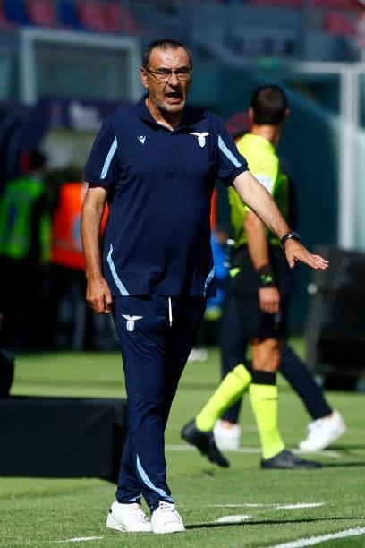 Head Coach Maurizio Sarri of SS Lazio gestures during the Serie A match between Bologna FC v SS Lazio at Stadio Renato Dall'Ara on October 3, 2021 in...