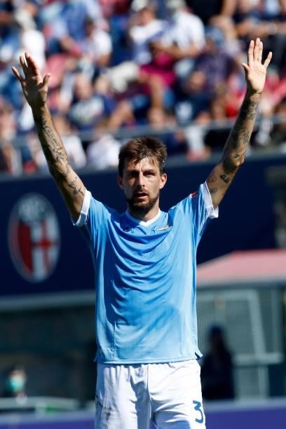 Francesco Acerbi of SS Lazio gestures during the Serie A match between Bologna FC v SS Lazio at Stadio Renato Dall'Ara on October 3, 2021 in Bologna,...