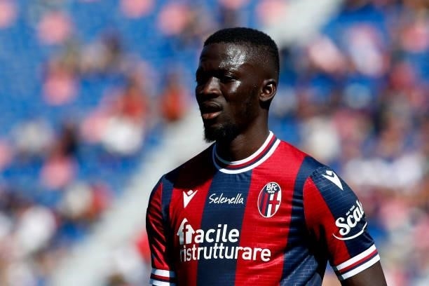 Musa Barrow of Bologna Fc looks on during the Serie A match between Bologna FC v SS Lazio at Stadio Renato Dall'Ara on October 3, 2021 in Bologna,...
