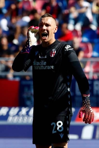 Lukasz Skorupski of Bologna Fc gestures during the Serie A match between Bologna FC v SS Lazio at Stadio Renato Dall'Ara on October 3, 2021 in...
