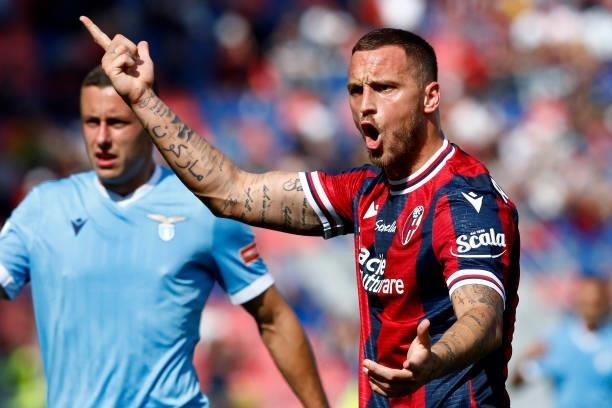 Marko Arnautovic of Bologna Fc gestures during the Serie A match between Bologna FC v SS Lazio at Stadio Renato Dall'Ara on October 3, 2021 in...