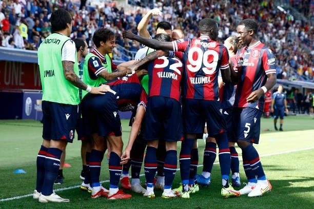 Aaron Hickey of Bologna Fc celebrates after scoring his team's third goal with team mates during the Serie A match between Bologna FC v SS Lazio at...