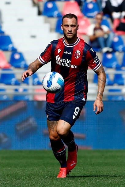 Marko Arnautovic of Bologna Fc controls the ball during the Serie A match between Bologna FC v SS Lazio at Stadio Renato Dall'Ara on October 3, 2021...