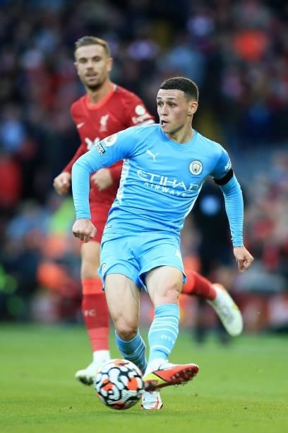 Phil Foden of Manchester City in action during the Premier League match between Liverpool and Manchester City at Anfield on October 3, 2021 in...