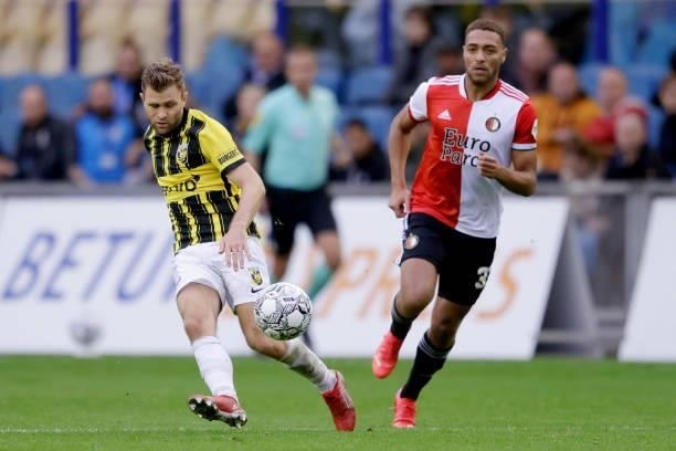 Sondre Tronstad of Vitesse, Cyriel Dessers of Feyenoord during the Dutch Eredivisie match between Vitesse v Feyenoord at the GelreDome on October 3,...