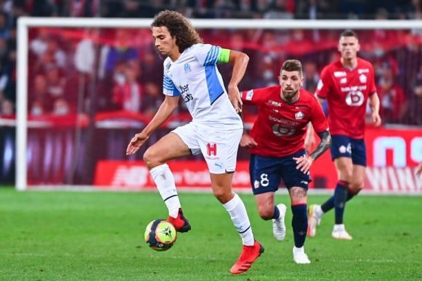 Matteo GUENDOUZI of Marseille and Xeka of Lille during the Ligue 1 Uber Eats match between Lille and Marseille at Stade Pierre Mauroy on October 3,...