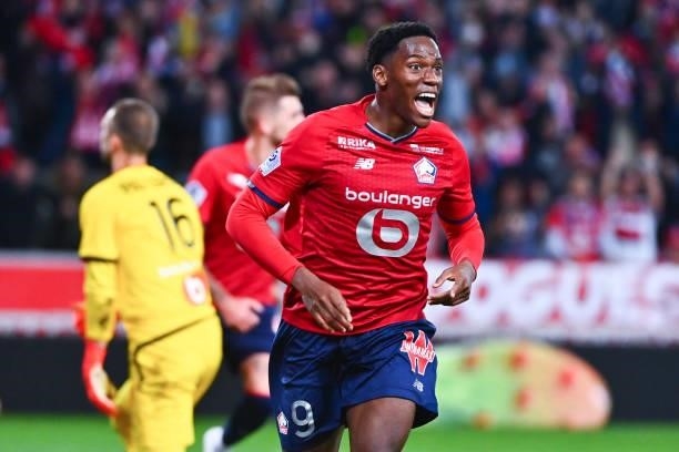 Jonathan DAVID of Lille celebrates a goal during the Ligue 1 Uber Eats match between Lille and Marseille at Stade Pierre Mauroy on October 3, 2021 in...