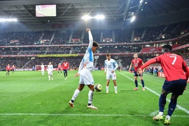 Boubacar KAMARA of Marseille during the Ligue 1 Uber Eats match between Lille and Marseille at Stade Pierre Mauroy on October 3, 2021 in Lille,...
