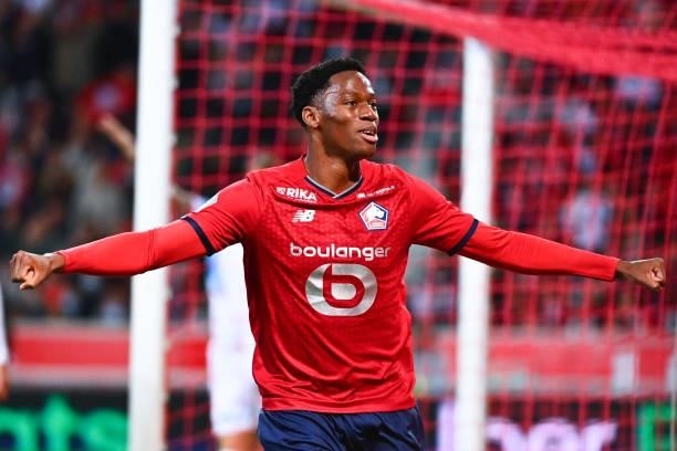 Jonathan DAVID of Lille celebrates a goal during the Ligue 1 Uber Eats match between Lille and Marseille at Stade Pierre Mauroy on October 3, 2021 in...