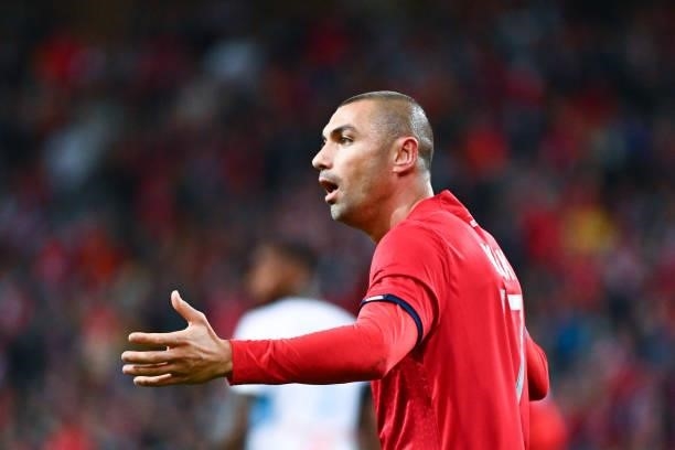 Burak YILMAZ of Lille reacts during the Ligue 1 Uber Eats match between Lille and Marseille at Stade Pierre Mauroy on October 3, 2021 in Lille,...