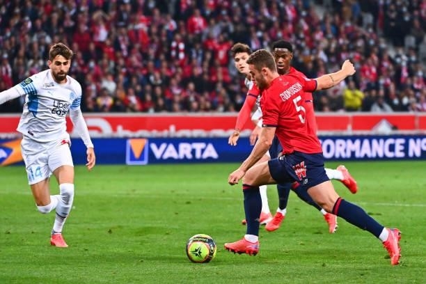 Gabriel GUDMUNDSSON of Lille during the Ligue 1 Uber Eats match between Lille and Marseille at Stade Pierre Mauroy on October 3, 2021 in Lille,...