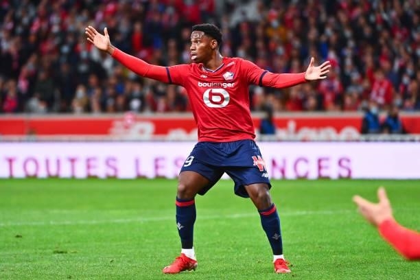 Jonathan DAVID of Lille reacts during the Ligue 1 Uber Eats match between Lille and Marseille at Stade Pierre Mauroy on October 3, 2021 in Lille,...