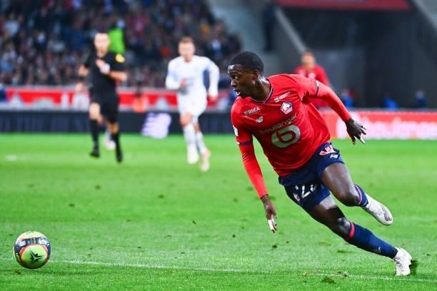 Timothy WEAH of Lille during the Ligue 1 Uber Eats match between Lille and Marseille at Stade Pierre Mauroy on October 3, 2021 in Lille, France.