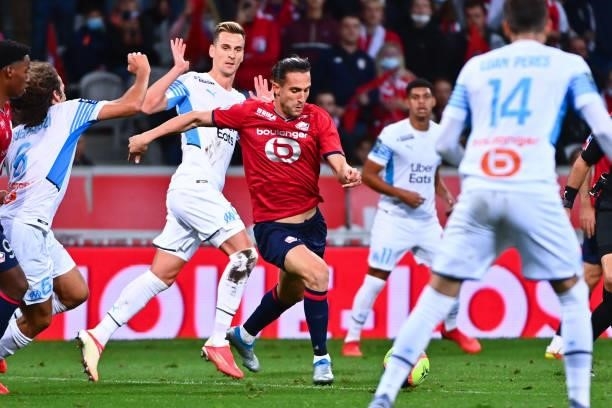 Yusuf YAZICI of Lille during the Ligue 1 Uber Eats match between Lille and Marseille at Stade Pierre Mauroy on October 3, 2021 in Lille, France.