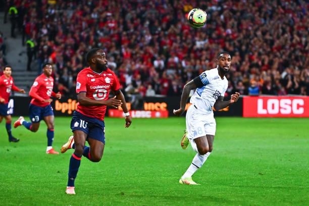Jonathan IKONE of Lille and GERSON of Marseille during the Ligue 1 Uber Eats match between Lille and Marseille at Stade Pierre Mauroy on October 3,...
