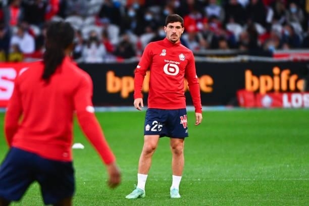 Jeremy PIED of Lille during the Ligue 1 Uber Eats match between Lille and Marseille at Stade Pierre Mauroy on October 3, 2021 in Lille, France.