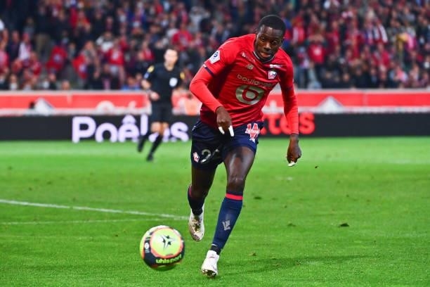 Timothy WEAH of Lille during the Ligue 1 Uber Eats match between Lille and Marseille at Stade Pierre Mauroy on October 3, 2021 in Lille, France.