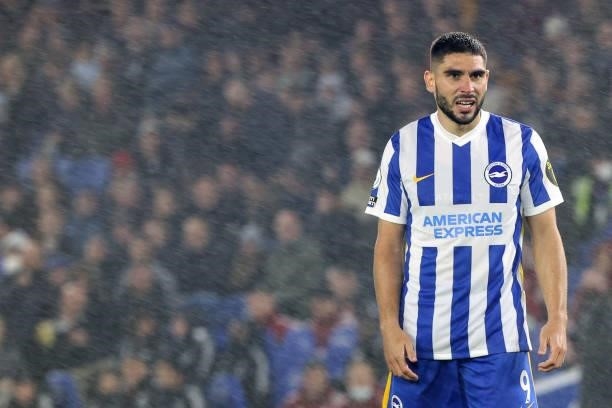 Neal Maupay of Brighton in the rain during the Premier League match between Brighton & Hove Albion and Arsenal at American Express Community Stadium...