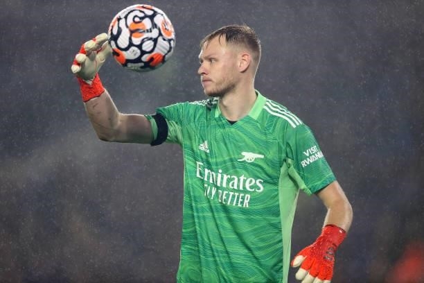 Arsenal goalkeeper Aaron Ramsdale during the Premier League match between Brighton & Hove Albion and Arsenal at American Express Community Stadium on...