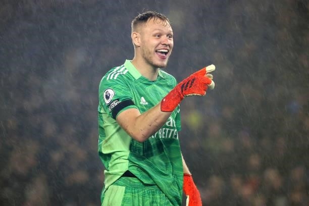Arsenal goalkeeper Aaron Ramsdale antagonises the Brighton fans during the Premier League match between Brighton & Hove Albion and Arsenal at...