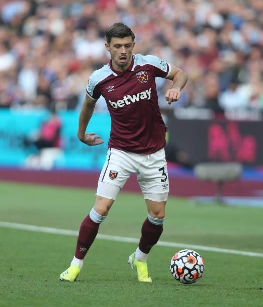 West Ham United's Aaron Cresswell during the Premier League match between West Ham United and Brentford at London Stadium on October 2, 2021 in...