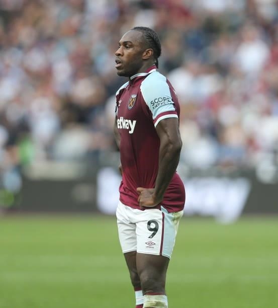 West Ham United's Michail Antonio during the Premier League match between West Ham United and Brentford at London Stadium on October 2, 2021 in...