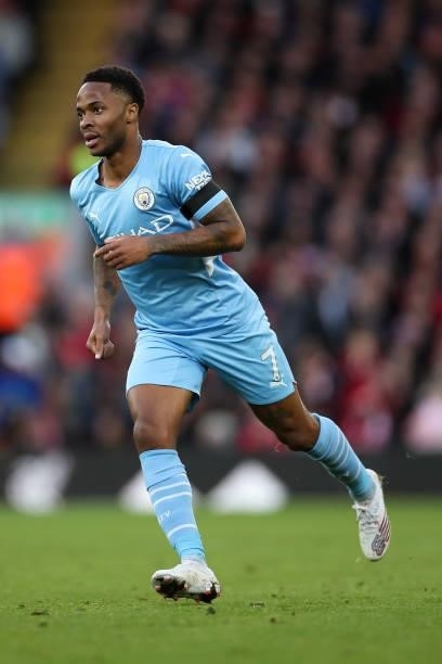 Raheem Sterling of Manchester City during the Premier League match between Liverpool and Manchester City at Anfield on October 3, 2021 in Liverpool,...