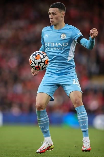 Phil Foden of Manchester City during the Premier League match between Liverpool and Manchester City at Anfield on October 3, 2021 in Liverpool,...