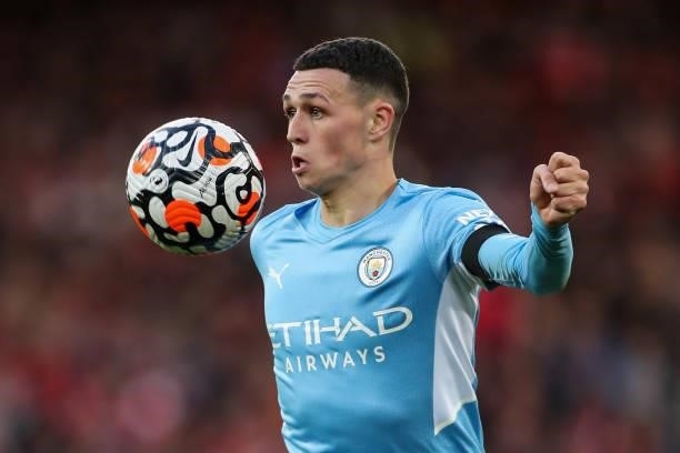 Phil Foden of Manchester City during the Premier League match between Liverpool and Manchester City at Anfield on October 3, 2021 in Liverpool,...