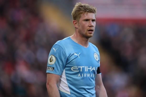 Kevin De Bruyne of Manchester City during the Premier League match between Liverpool and Manchester City at Anfield on October 3, 2021 in Liverpool,...