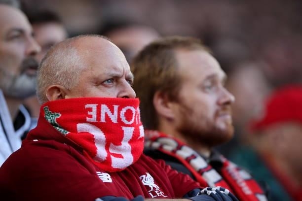 Fan of Liverpool looks on during the Premier League match between Liverpool and Manchester City at Anfield on October 3, 2021 in Liverpool, England.