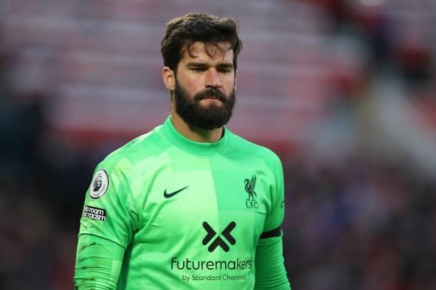 Alisson Becker of Liverpool during the Premier League match between Liverpool and Manchester City at Anfield on October 3, 2021 in Liverpool, England.
