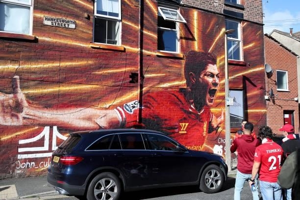 Mural of former Liverpool player Steven Gerrard is seen on the side of a house ahead of the Premier League match between Liverpool and Manchester...