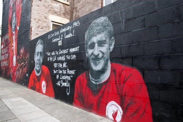 Mural of the late Roger Hunt is seen ahead of the Premier League match between Liverpool and Manchester City at Anfield on October 3, 2021 in...