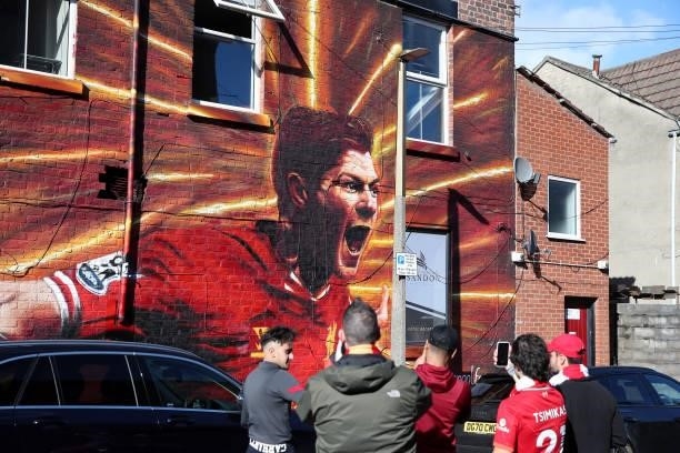 Mural of former Liverpool player Steven Gerrard is seen on the side of a house ahead of the Premier League match between Liverpool and Manchester...