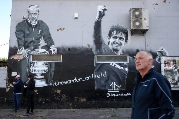 Mural of Bill Shankly and Kenny Dalglish is seen ahead of the Premier League match between Liverpool and Manchester City at Anfield on October 3,...