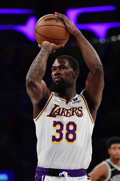 Chaundee Brown of the Los Angeles Lakers looks on during the game against the Brooklyn Nets on October 3, 2021 at STAPLES Center in Los Angeles,...