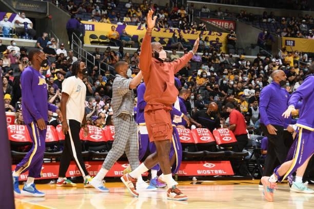 LeBron James of the Los Angeles Lakers celebrates during the game against the Brooklyn Nets on October 3, 2021 at STAPLES Center in Los Angeles,...