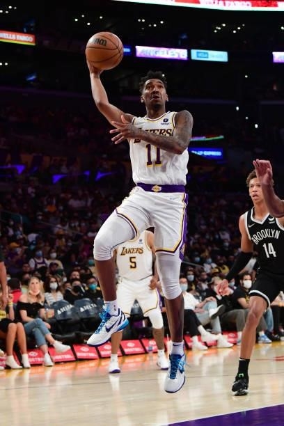 Malik Monk of the Los Angeles Lakers shoots the ball during the game against the Brooklyn Nets on October 3, 2021 at STAPLES Center in Los Angeles,...